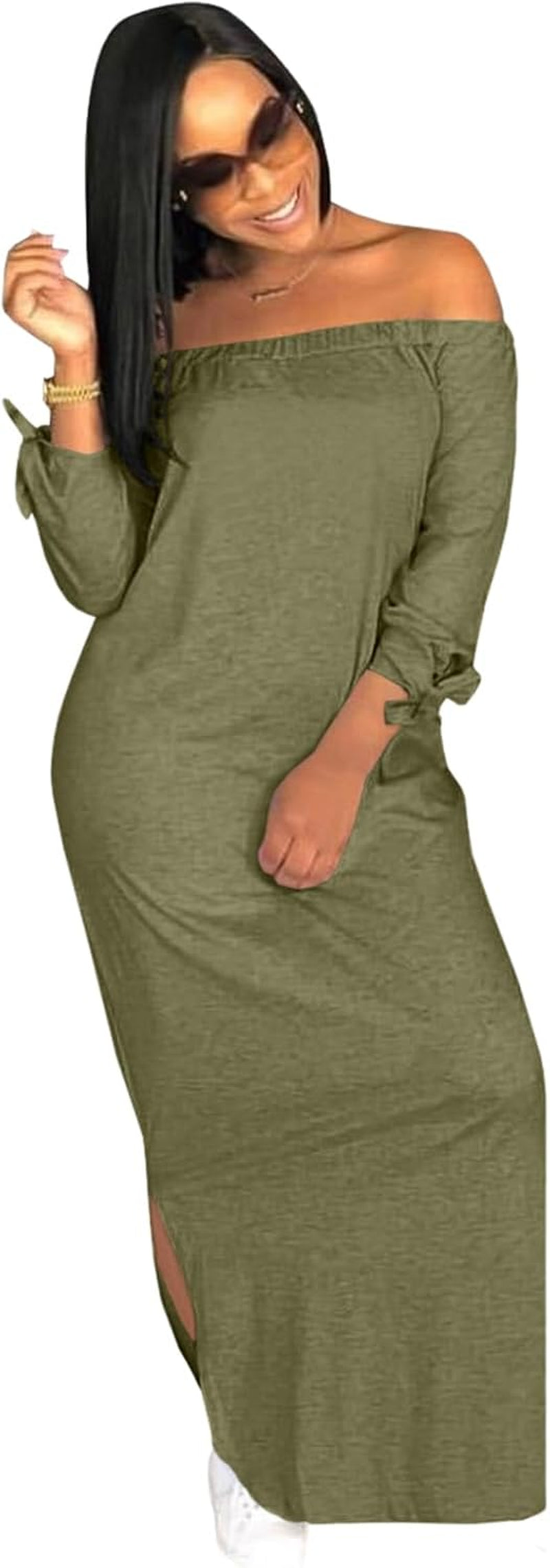 Women'S Casual Letter Print off Shoulder Long Sleeve Bowknot Sides Slit Loose Long T-Shirt Maxi Dress