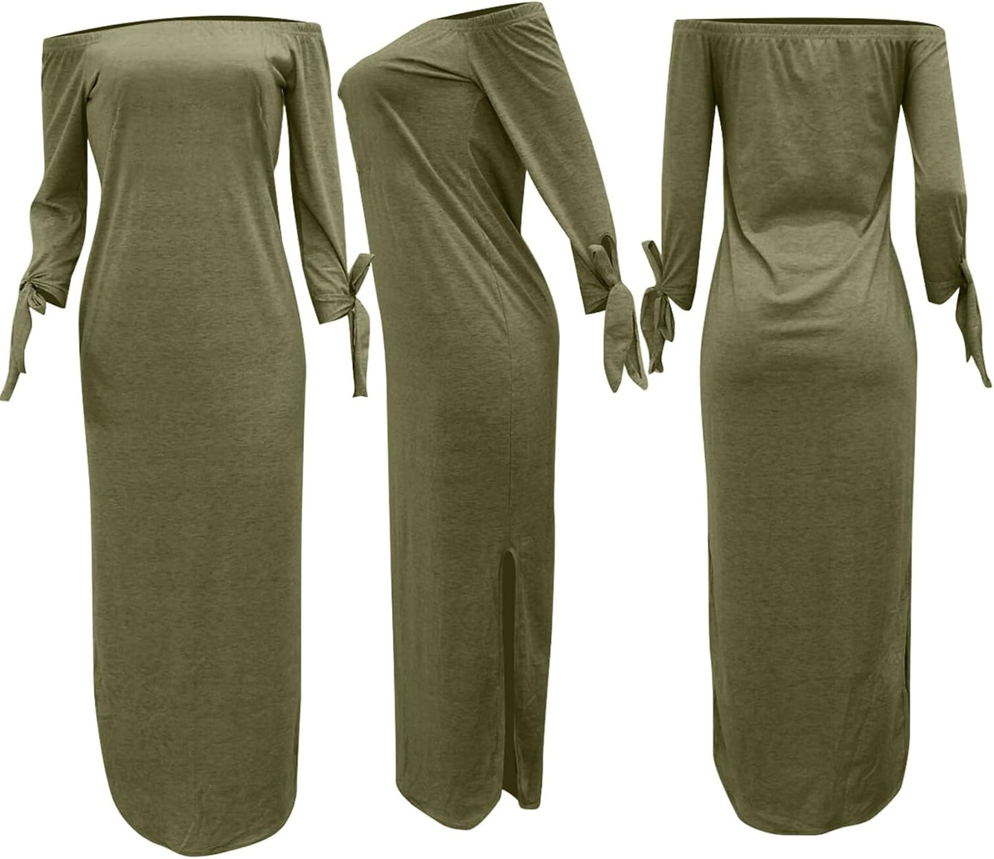 Women'S Casual Letter Print off Shoulder Long Sleeve Bowknot Sides Slit Loose Long T-Shirt Maxi Dress