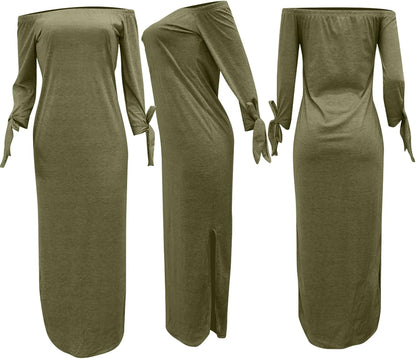 Women'S Casual Letter Print off Shoulder Long Sleeve Bowknot Sides Slit Loose Long T-Shirt Maxi Dress