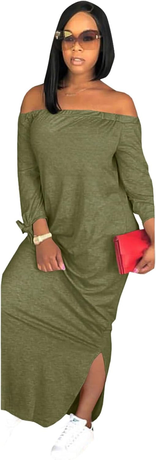 Women'S Casual Letter Print off Shoulder Long Sleeve Bowknot Sides Slit Loose Long T-Shirt Maxi Dress